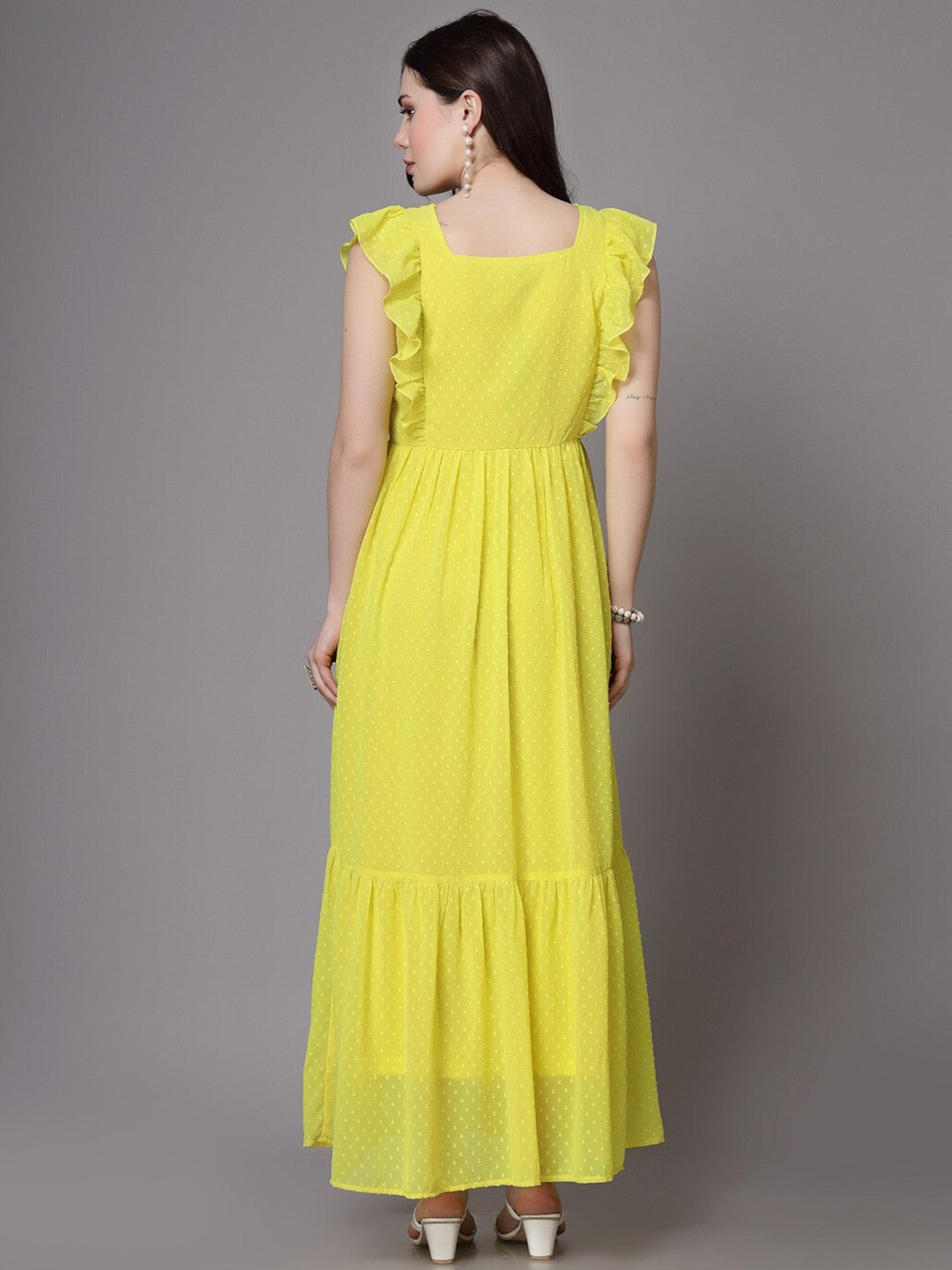 Swiss-Dot Square-Neck Tiered Dress ( LIME YELLOW )