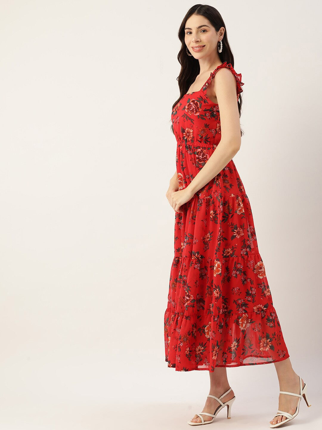 Red Floral Printed Tiered Detailed Square Neck Fit & Flare Dress