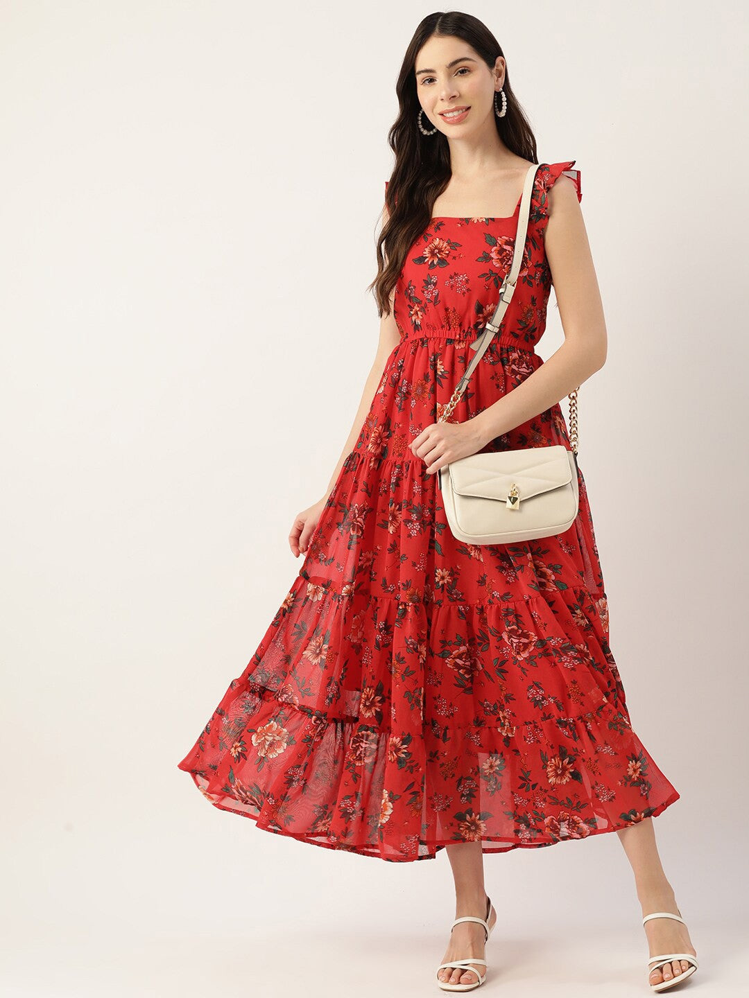 Red Floral Printed Tiered Detailed Square Neck Fit & Flare Dress