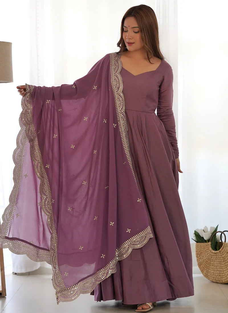 Beautiful Purple Color Pure Chanderi Silk Three Piece Anarkali Suit