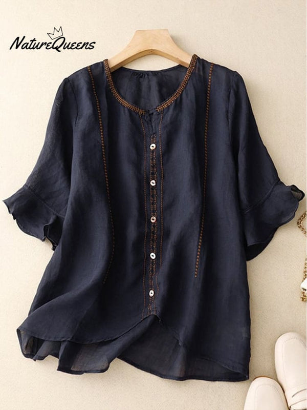 Loose Casual Embroidered Ruffle Sleeve Patchwork Shirt (navy blue)