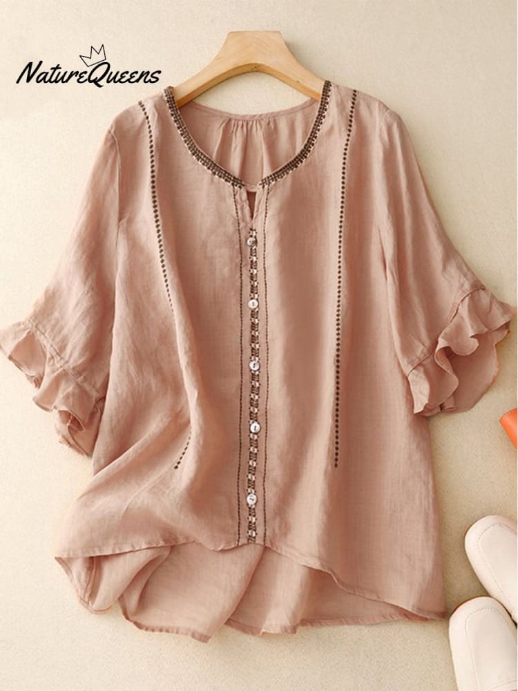 Loose Casual Embroidered Ruffle Sleeve Patchwork TOP (PEACH)