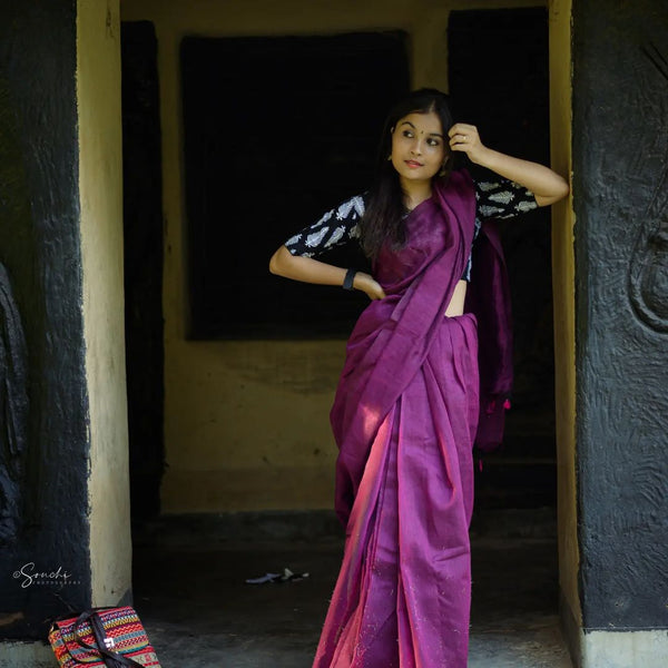 Purple colour traditional looking Chanderi cotton saree