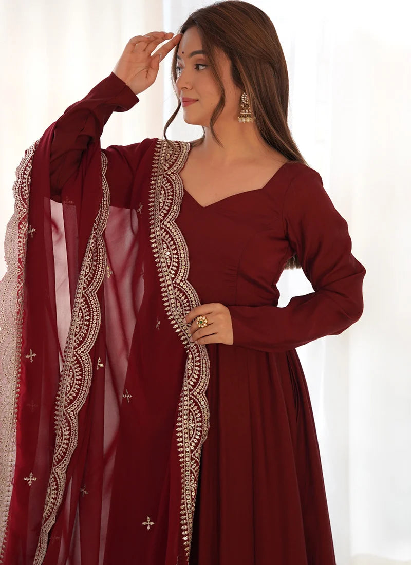 Beautiful Maroon Color Pure Chanderi Silk Three Piece Anarkali Suit