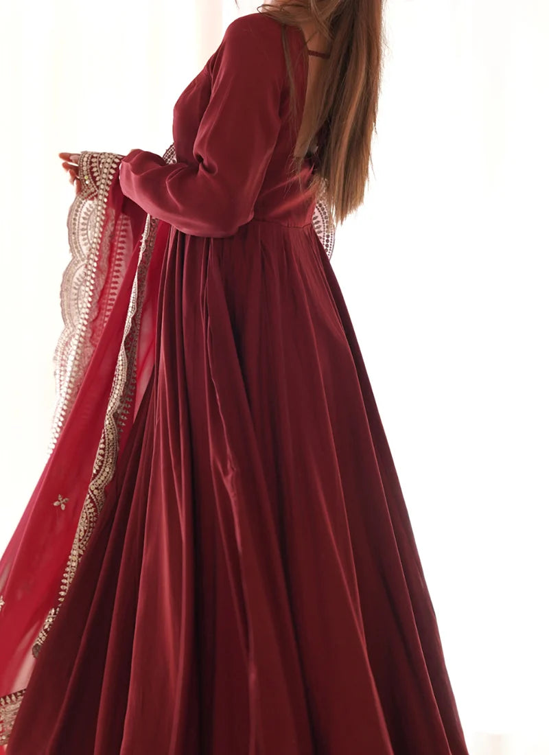 Beautiful Maroon Color Pure Chanderi Silk Three Piece Anarkali Suit