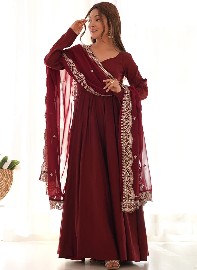 Beautiful Maroon Color Pure Chanderi Silk Three Piece Anarkali Suit