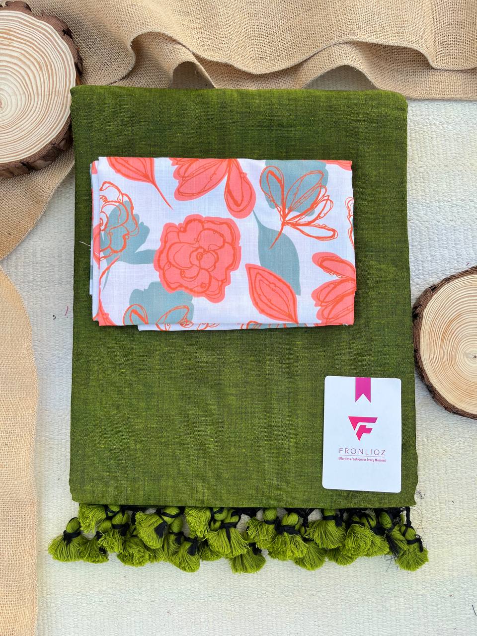 Olive Khadi Cotton Saree & Designer Blouse