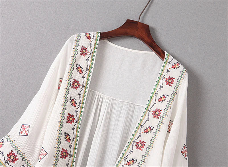 Boho Robe, Embroidery Cotton Robe, White Tassel