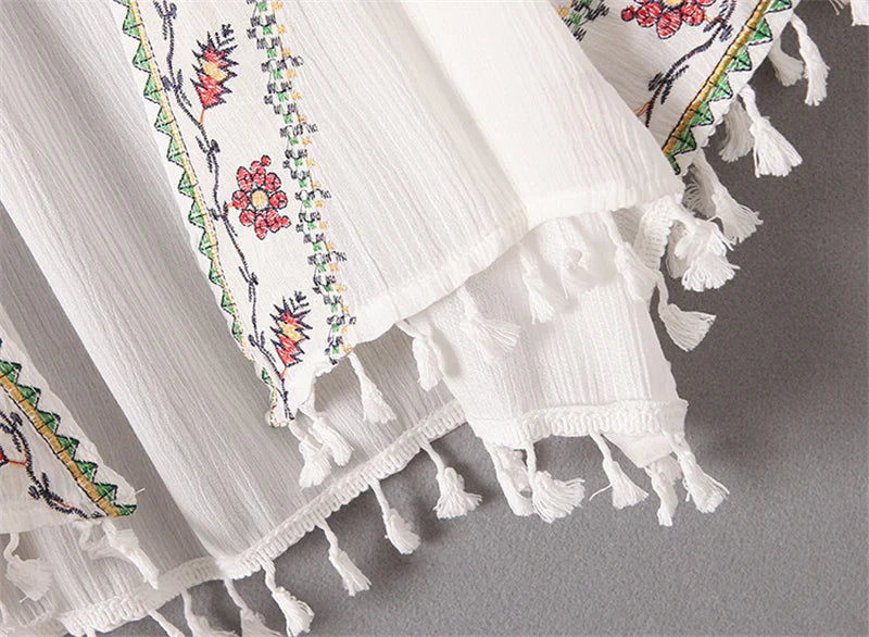 Boho Robe, Embroidery Cotton Robe, White Tassel