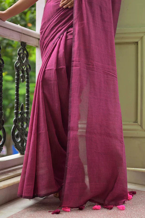 Magenta Mulmul Cotton Saree