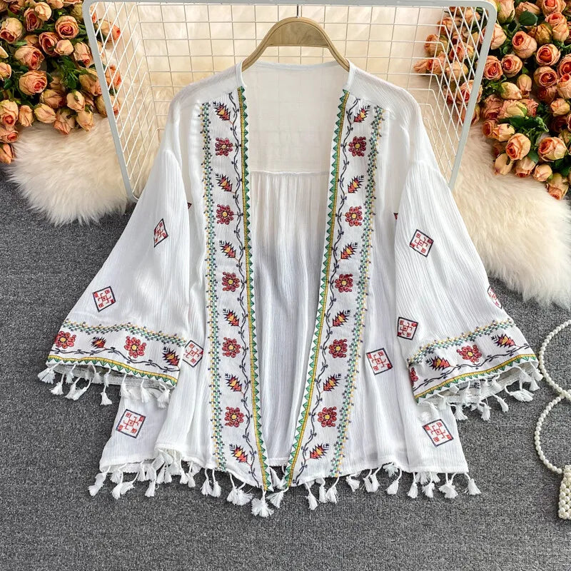 Boho Robe, Embroidery Cotton Robe, White Tassel