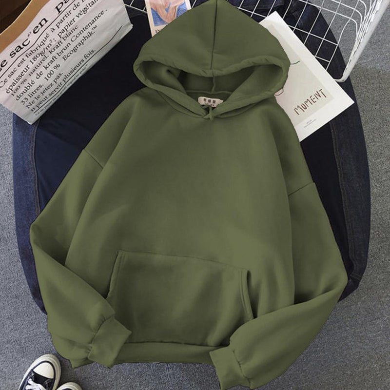 Olive Green Solid Hooded Sweatshirt