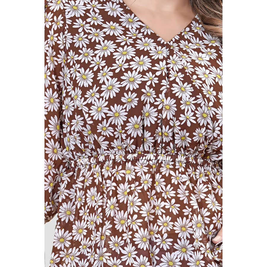 Brown White Floral Print Top