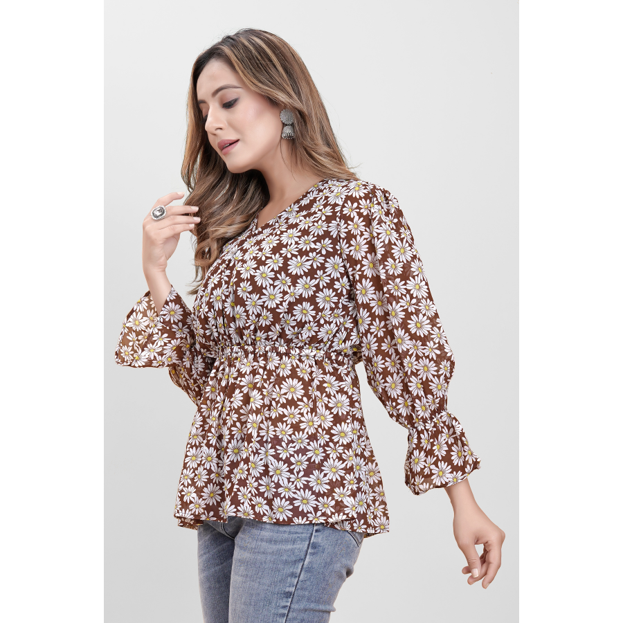 Brown White Floral Print Top