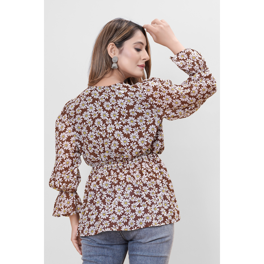 Brown White Floral Print Top