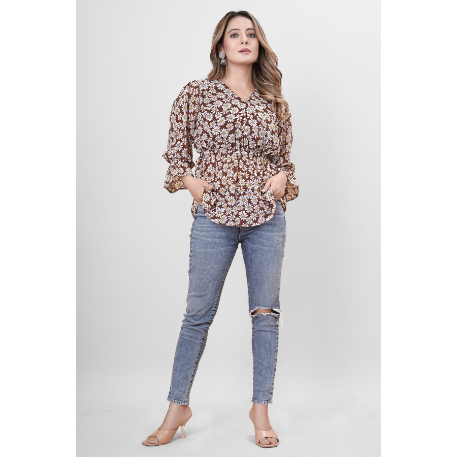 Brown White Floral Print Top