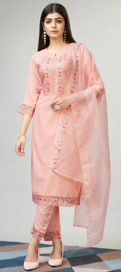 Peach Yoke Design Silk Blend Straight Kurta With Dupatta