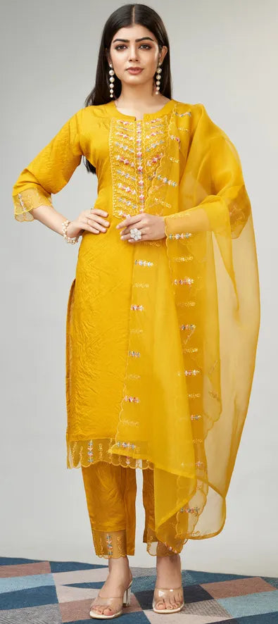 Yellow Woven Design Silk Blend Straight Kurta
