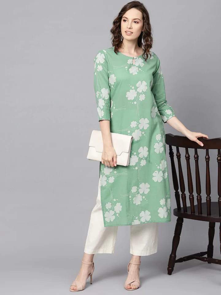 Green With White Floral Straight Cotton Kurti With Keyhole Neck