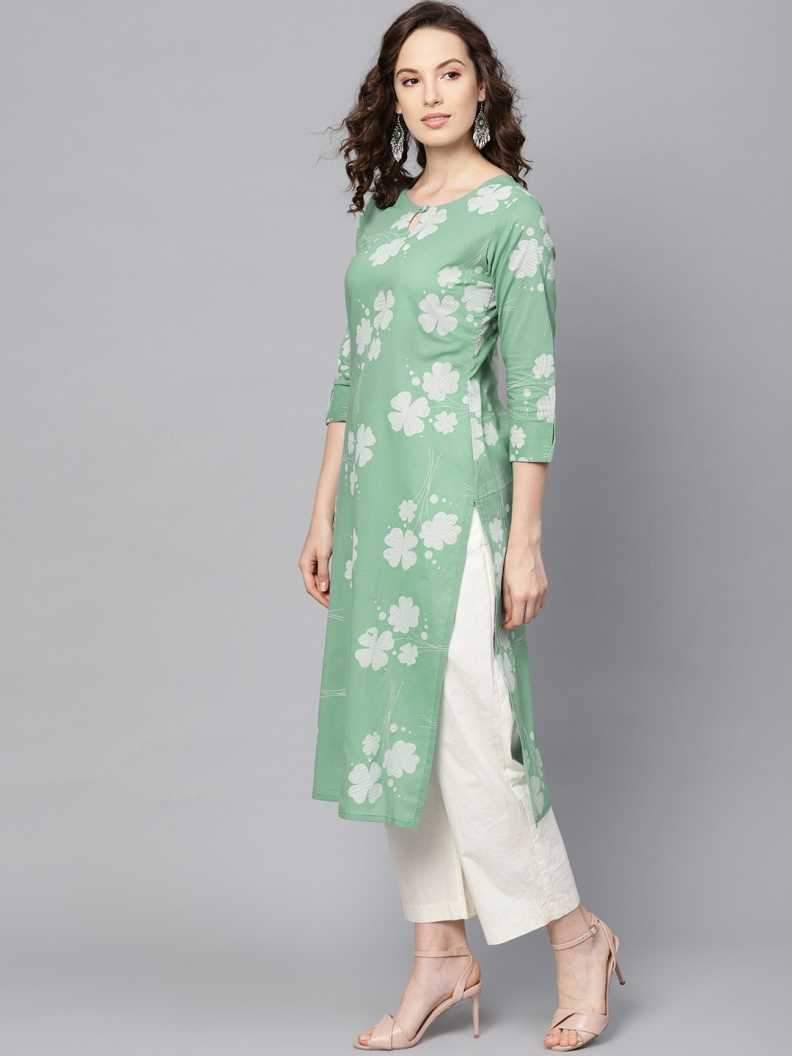 Green With White Floral Straight Cotton Kurti With Keyhole Neck