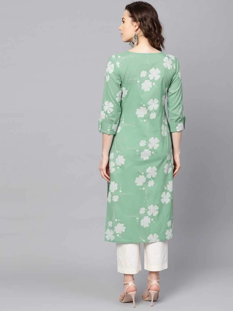 Green With White Floral Straight Cotton Kurti With Keyhole Neck