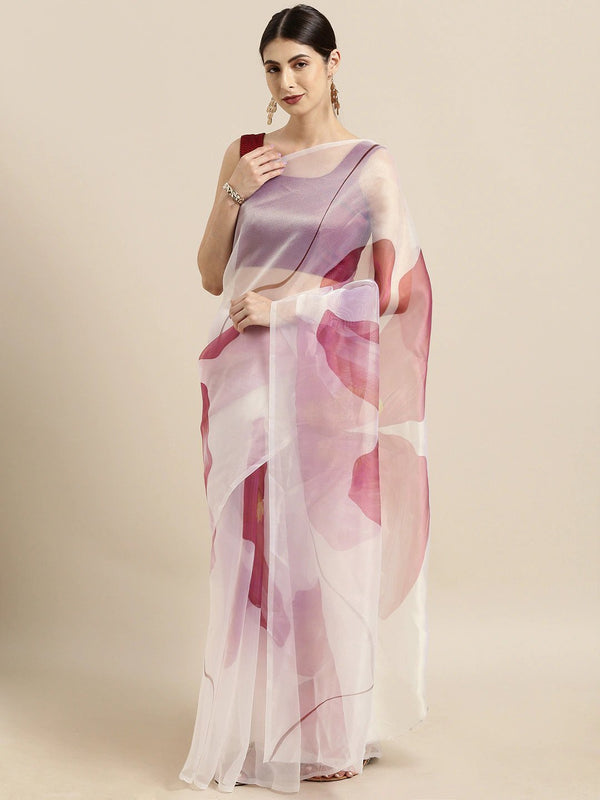 White & Pink Organza Printed Saree