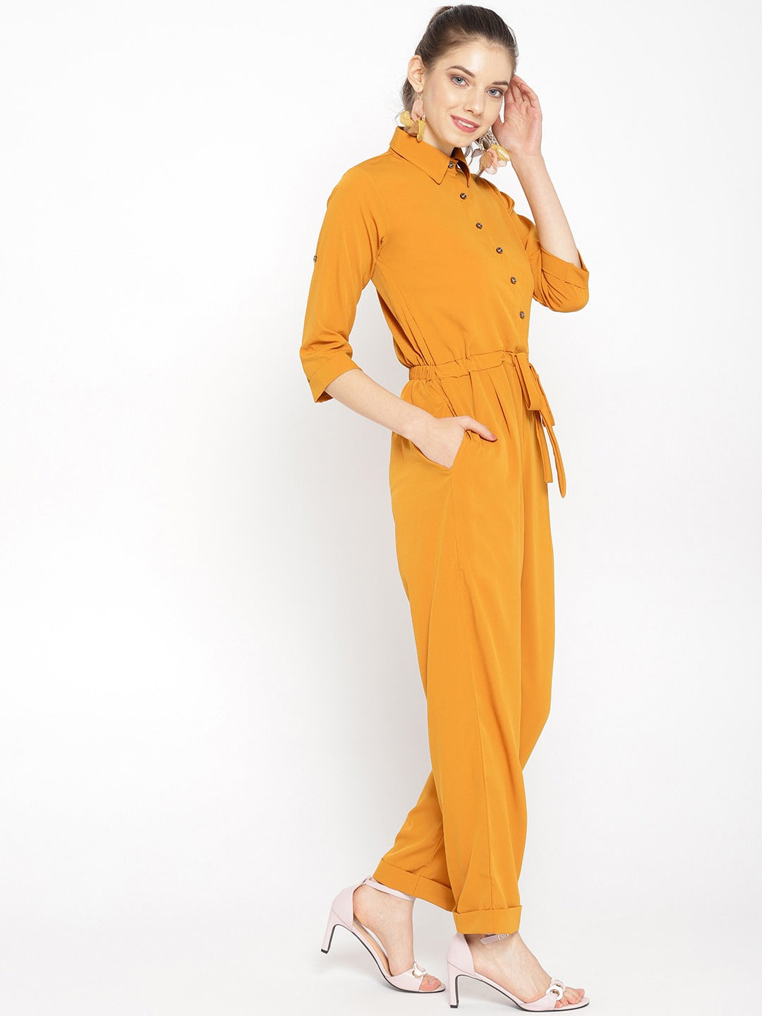 Women Mustard Yellow Solid Basic Jumpsuit