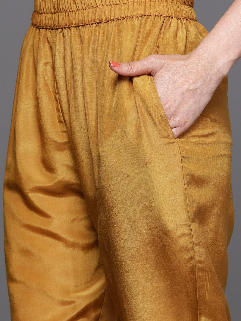 Mustard Self Design Silk Straight Kurta With Dupatta