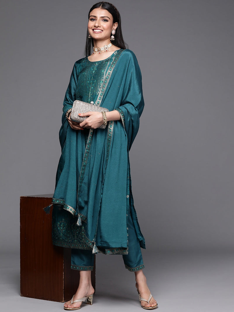 Teal Self Design Silk Straight Kurta With Dupatta