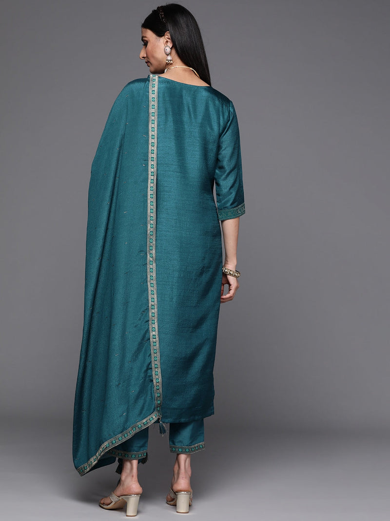 Teal Self Design Silk Straight Kurta With Dupatta