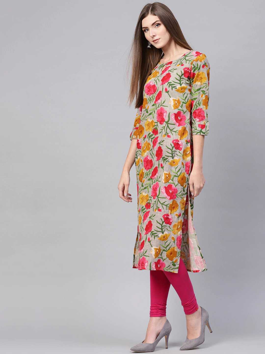 Women Grey & Pink Floral Print Straight Kurta