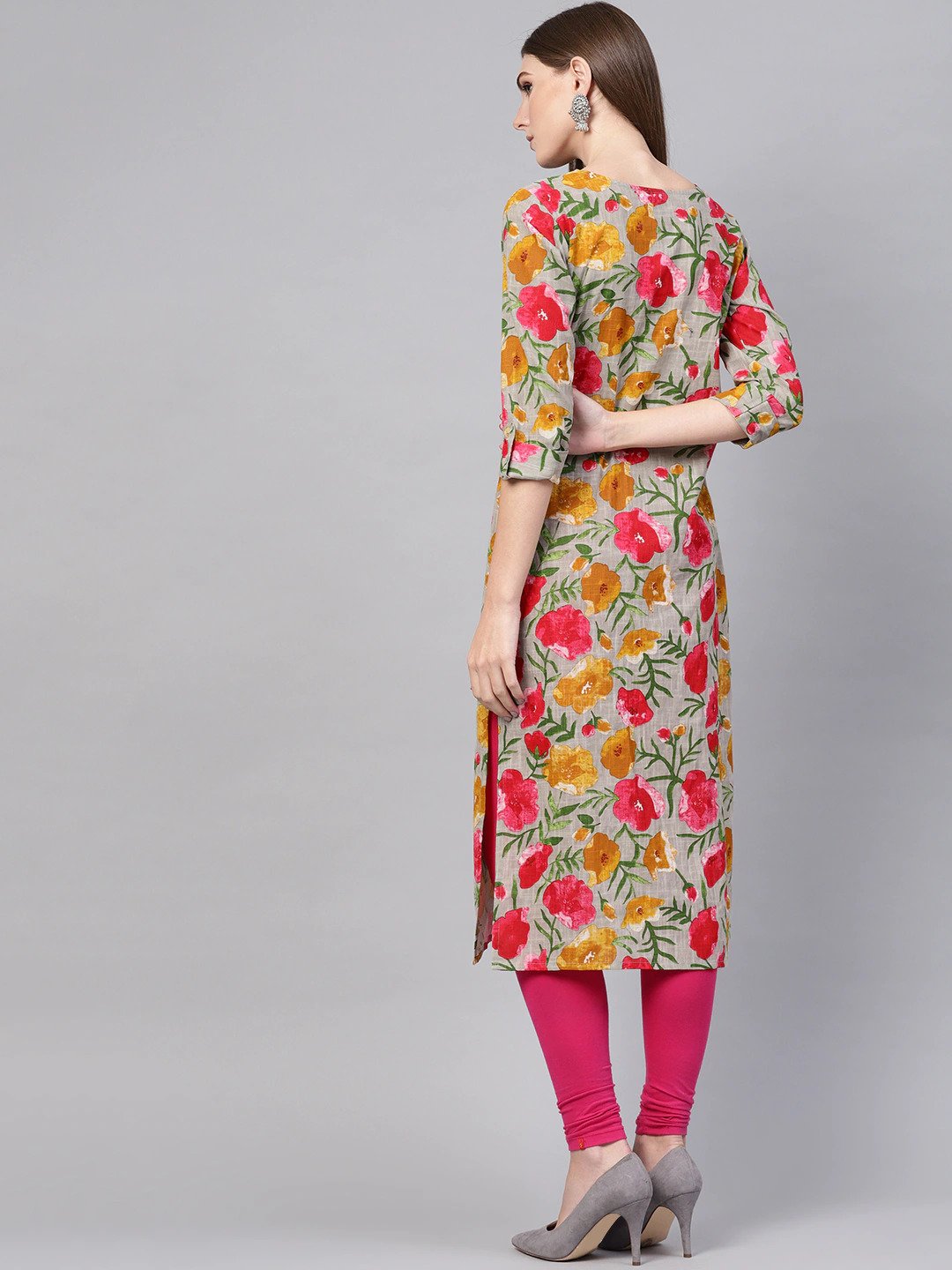 Women Grey & Pink Floral Print Straight Kurta