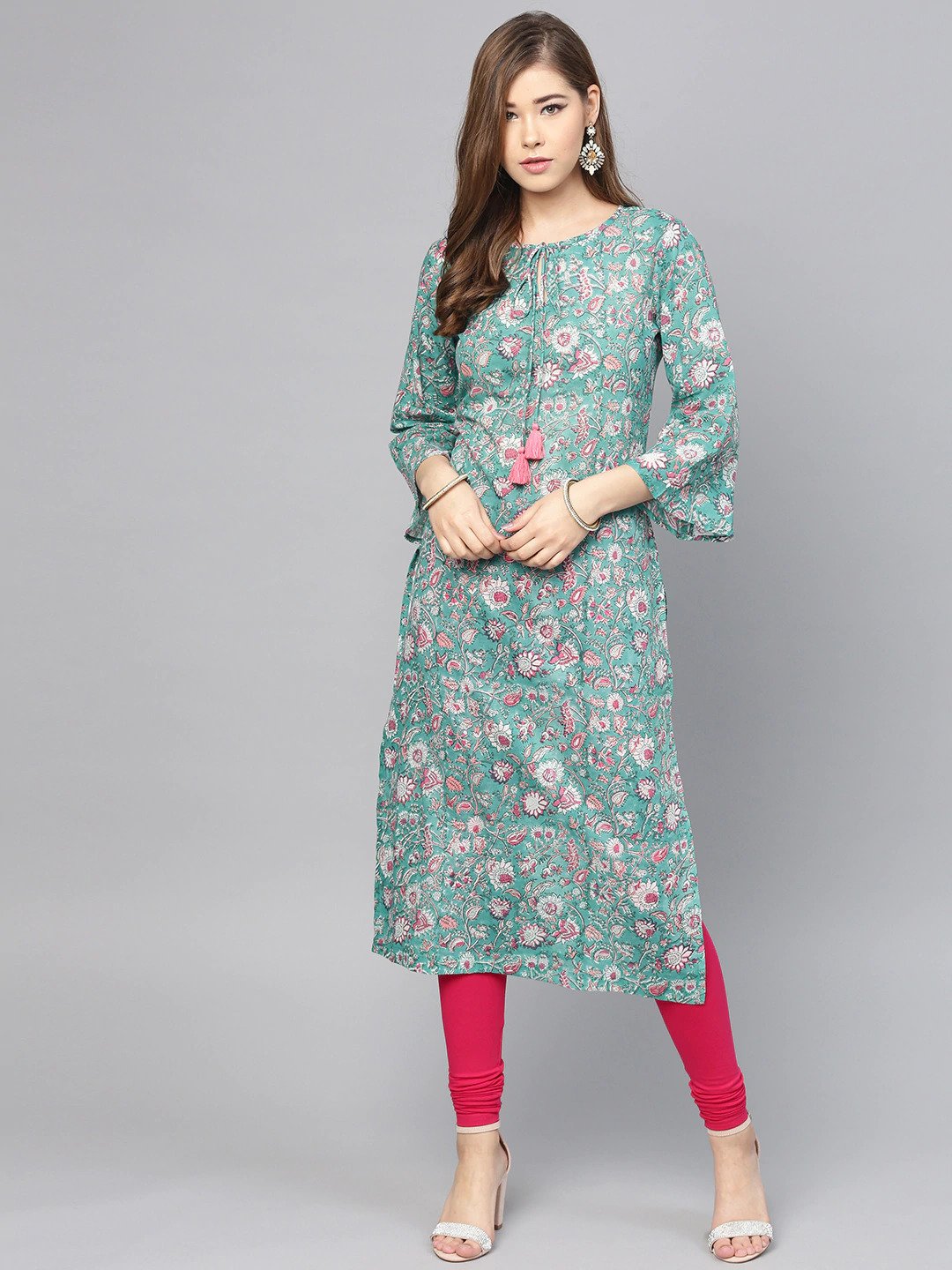 Women Green & White Printed Straight Kurta