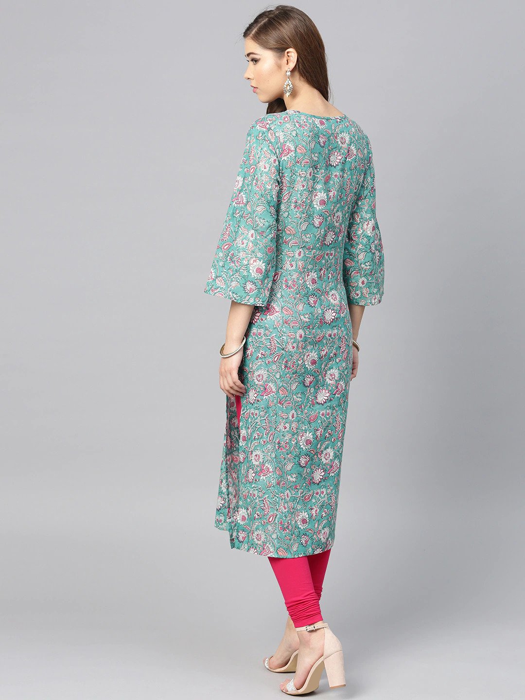 Women Green & White Printed Straight Kurta