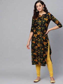 Women Black & Mustard Yellow Floral Print Straight Kurta