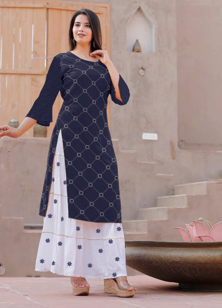 Women's Jaipuri Rayon Kurti With Skirt Set