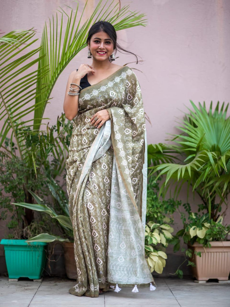 Women's Cotton Linen Saree With Cotton Linen Blouse Piece