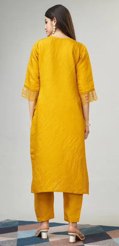 Yellow Woven Design Silk Blend Straight Kurta