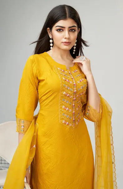 Yellow Woven Design Silk Blend Straight Kurta