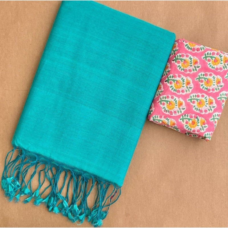 adorable turquoise traditional looking chanderi cotton saree