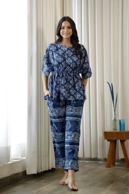 WOMEN NAVY BLUE PURE COTTON ETHNIC MOTIFS PRINTED KAFTAN WITH PYJAMA