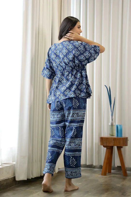 WOMEN NAVY BLUE PURE COTTON ETHNIC MOTIFS PRINTED KAFTAN WITH PYJAMA