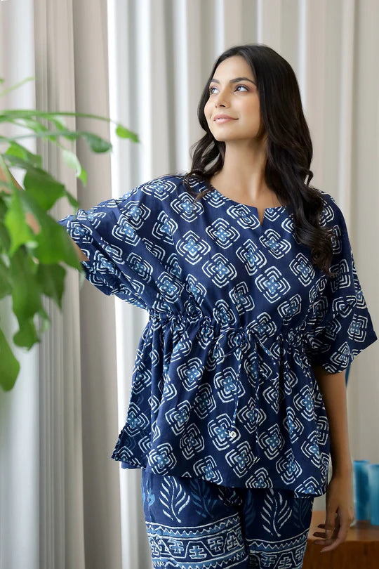 WOMEN NAVY BLUE PURE COTTON ETHNIC MOTIFS PRINTED KAFTAN WITH PYJAMA