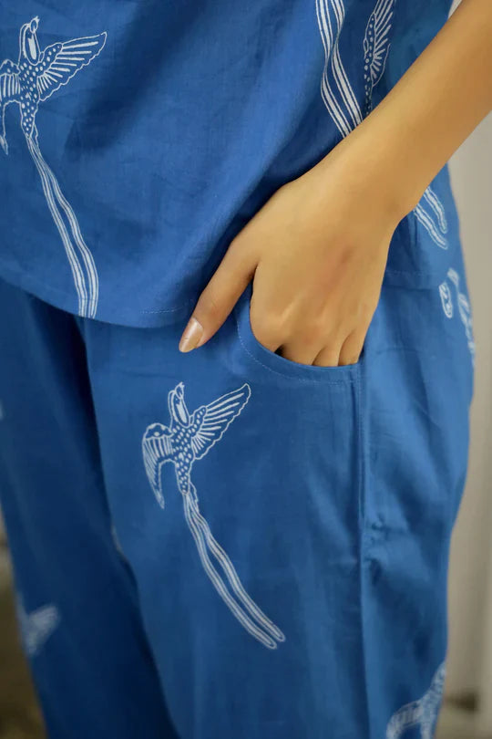WOMEN BLUE AND WHITE CONVERSATIONAL EAGLE PRINTED CO-ORD SET