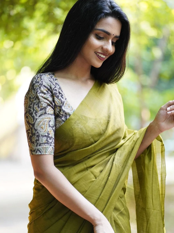 trending villa olive green cotton look saree