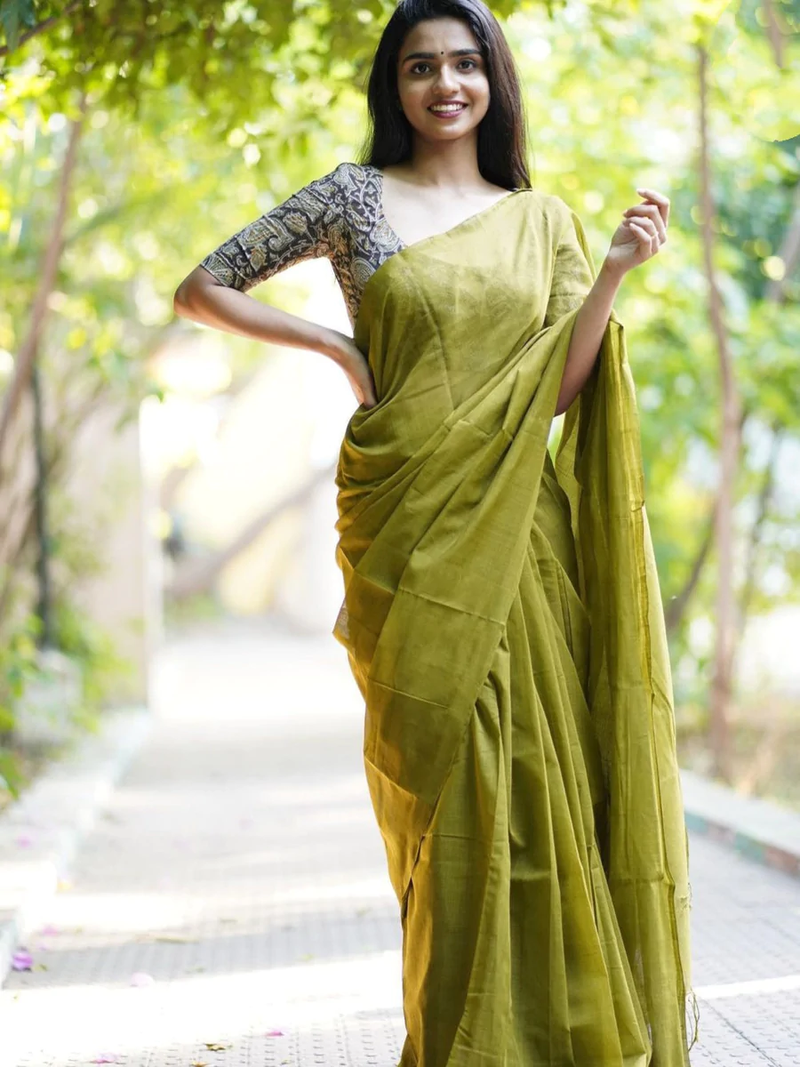 trending villa olive green cotton look saree