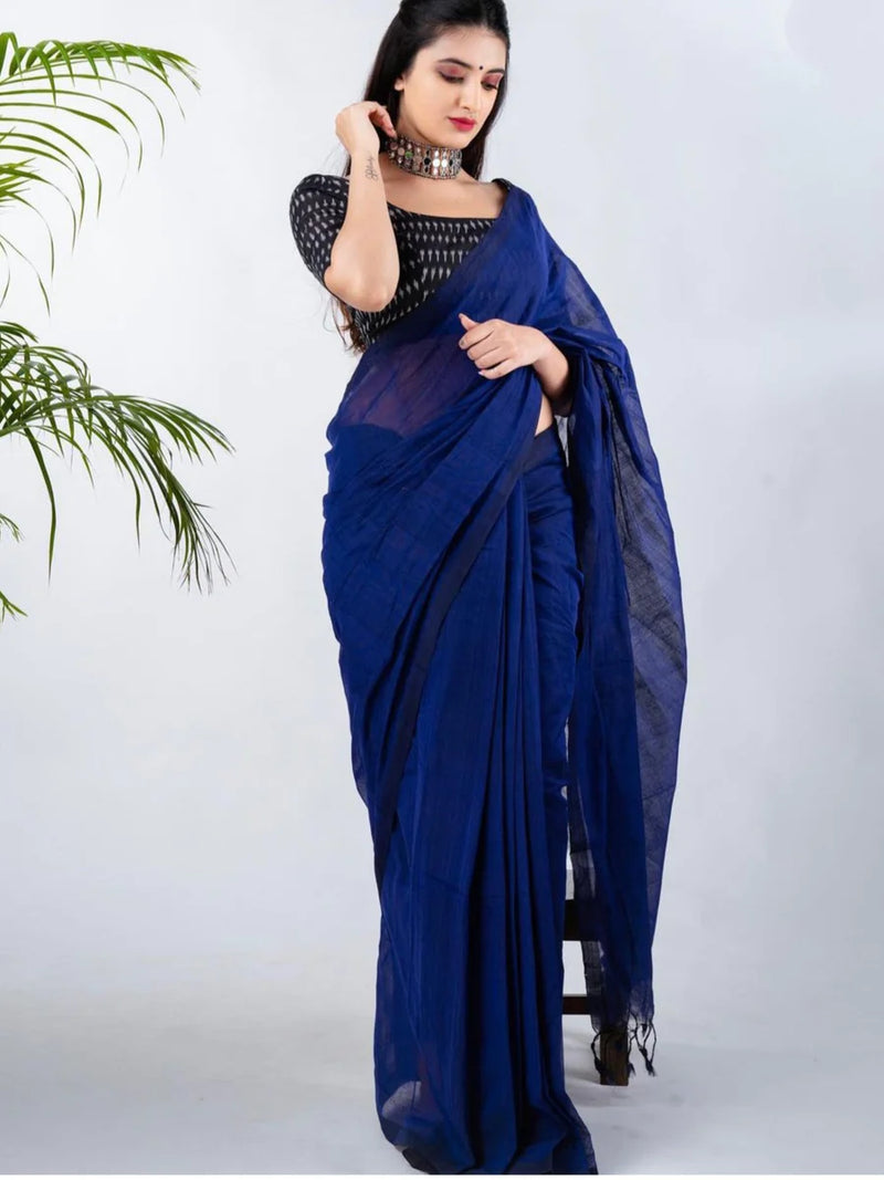 trending villa royal blue cotton look saree