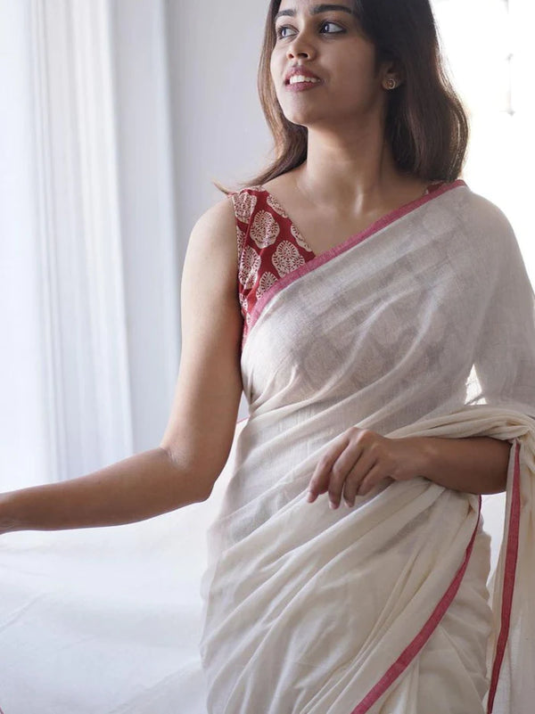 trending villa white cotton look saree