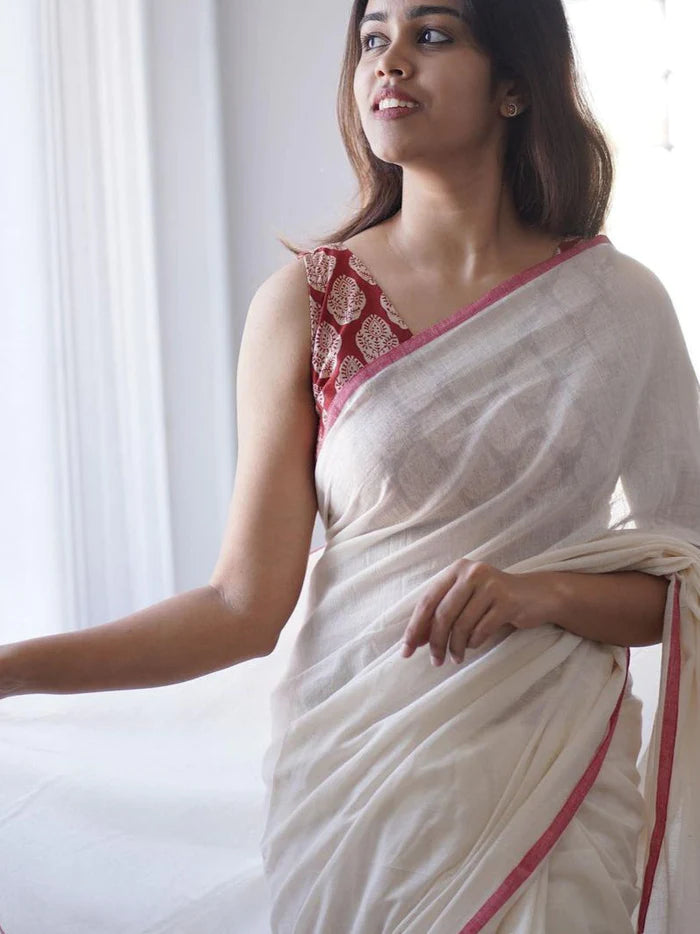 trending villa white cotton look saree