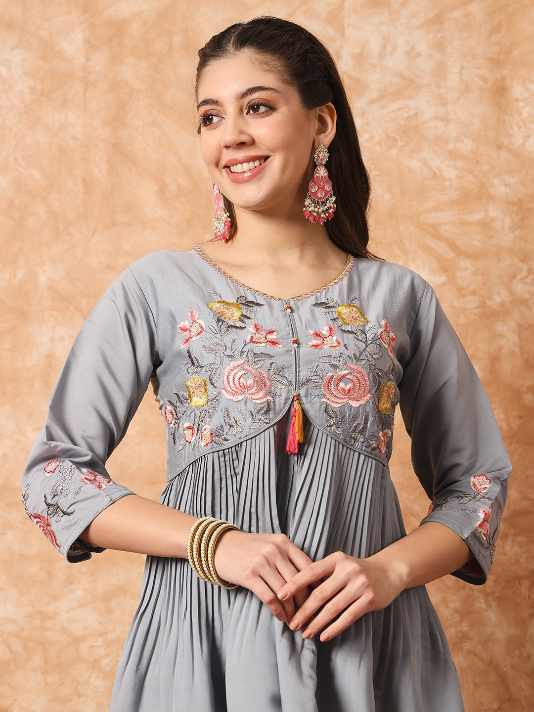 FLORAL YOKE DESIGN EMPIRE THREAD WORK KURTA WITH TROUSERS & DUPATTA